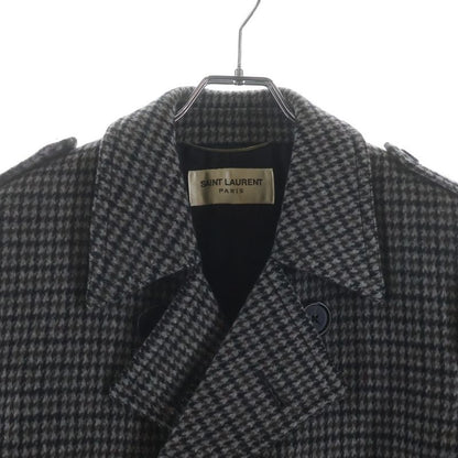 Saint Laurent Paris Houndstooth Double Breasted Wool Coat Gray