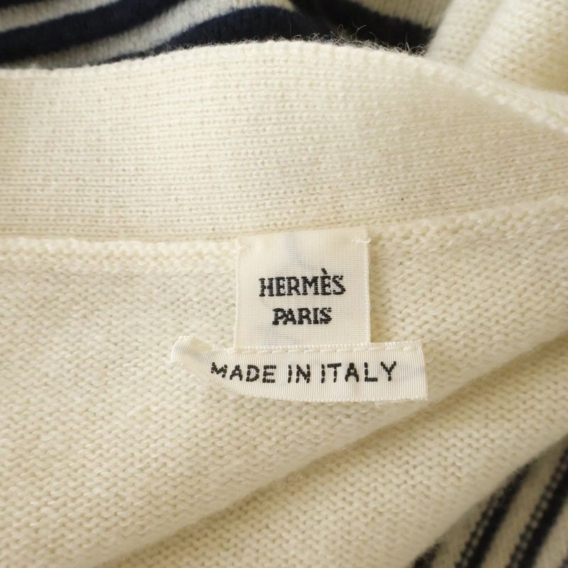 Hermes Chaine D'ancre Jacquard Border Cashmere Cotton Knit Cardigan Ivory Navy