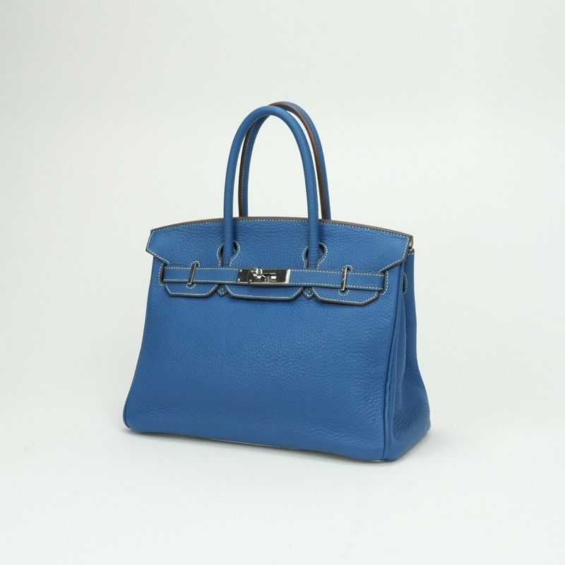 Hermes Birkin 30 Tote Taurillon Clemence Mykonos Blue White Silver Handbag