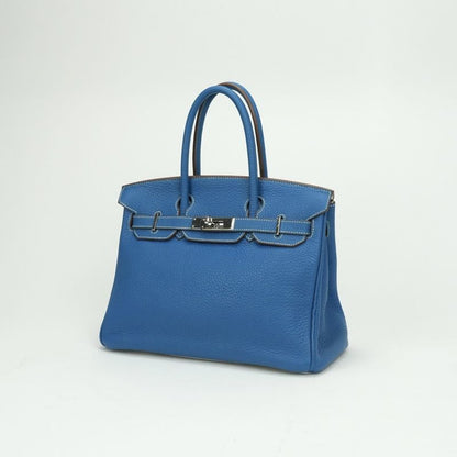 Hermes Birkin 30 Tote Taurillon Clemence Mykonos Blue White Silver Handbag