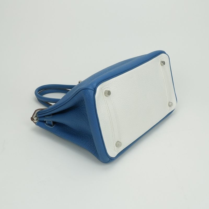 Hermes Birkin 30 Tote Taurillon Clemence Mykonos Blue White Silver Handbag