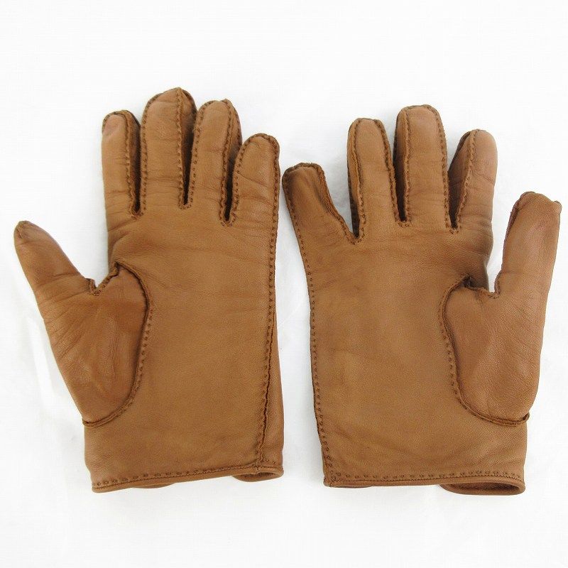 Hermes 7 Gloves Series Button Leather Sheep Camel Brown Tea Gold