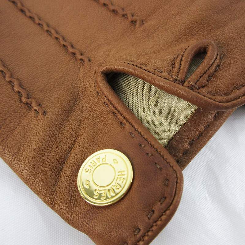 Hermes 7 Gloves Series Button Leather Sheep Camel Brown Tea Gold