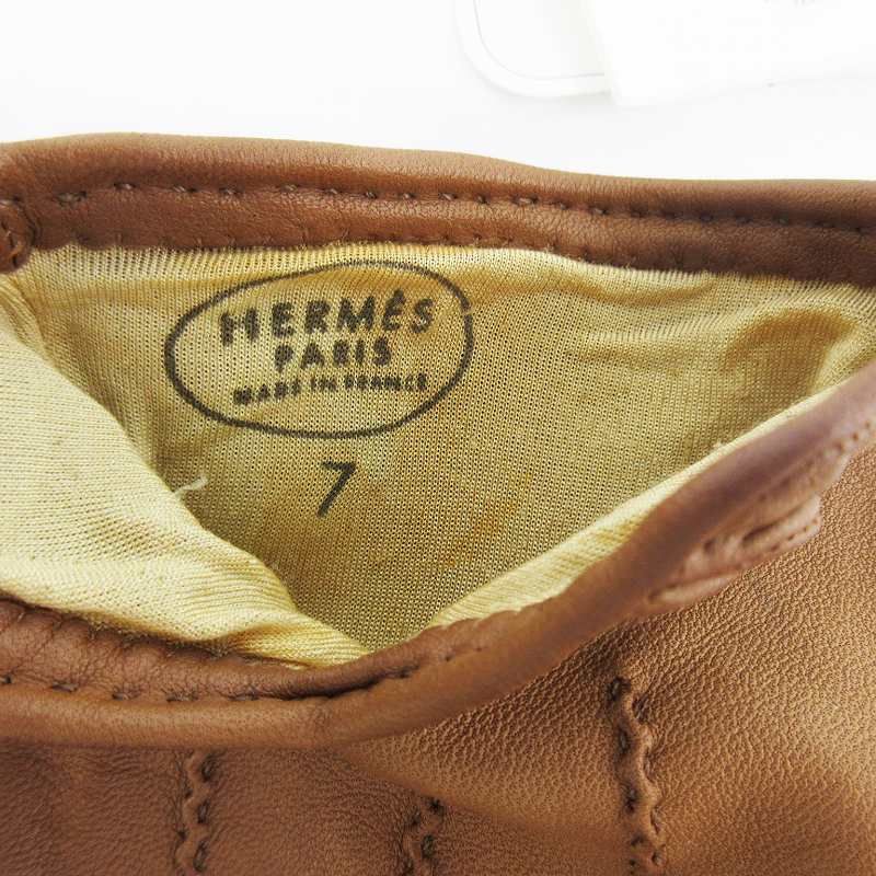 Hermes 7 Gloves Series Button Leather Sheep Camel Brown Tea Gold