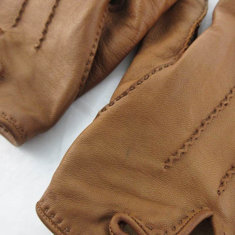 Hermes 7 Gloves Series Button Leather Sheep Camel Brown Tea Gold