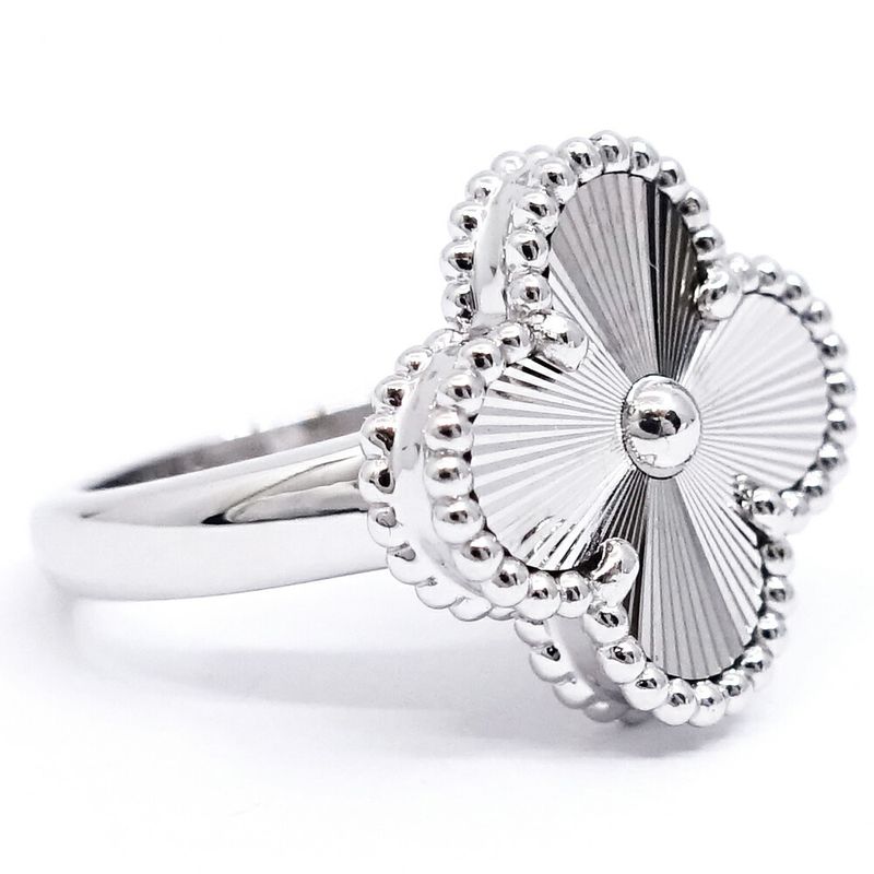 Van Cleef & Arpels 18k White Gold Vintage Alhambra Ring Guilloche