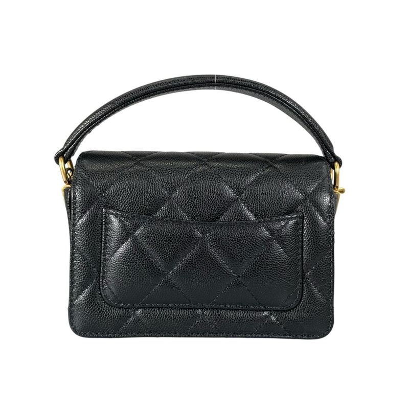 Chanel Caviar Leather Flap Bag Quilted Handle Mini Handbag Black