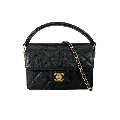 Chanel Caviar Leather Flap Bag Quilted Handle Mini Handbag Black