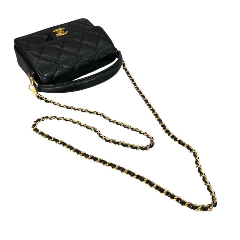 Chanel Caviar Leather Flap Bag Quilted Handle Mini Handbag Black