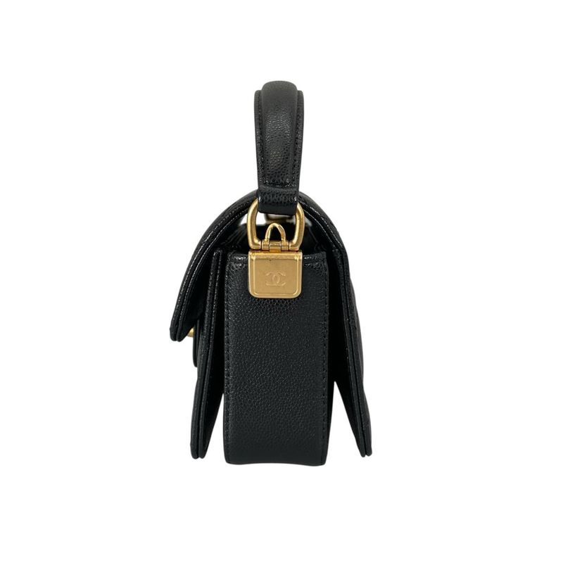Chanel Caviar Leather Flap Bag Quilted Handle Mini Handbag Black