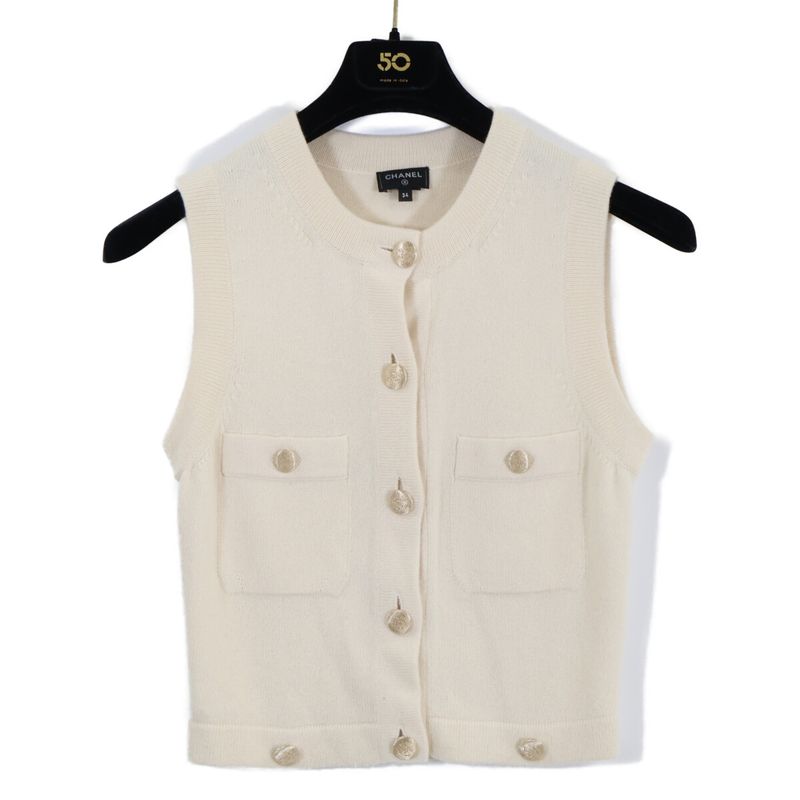 Chanel CC Logo Button Cashmere Sleeveless 34 Shirt