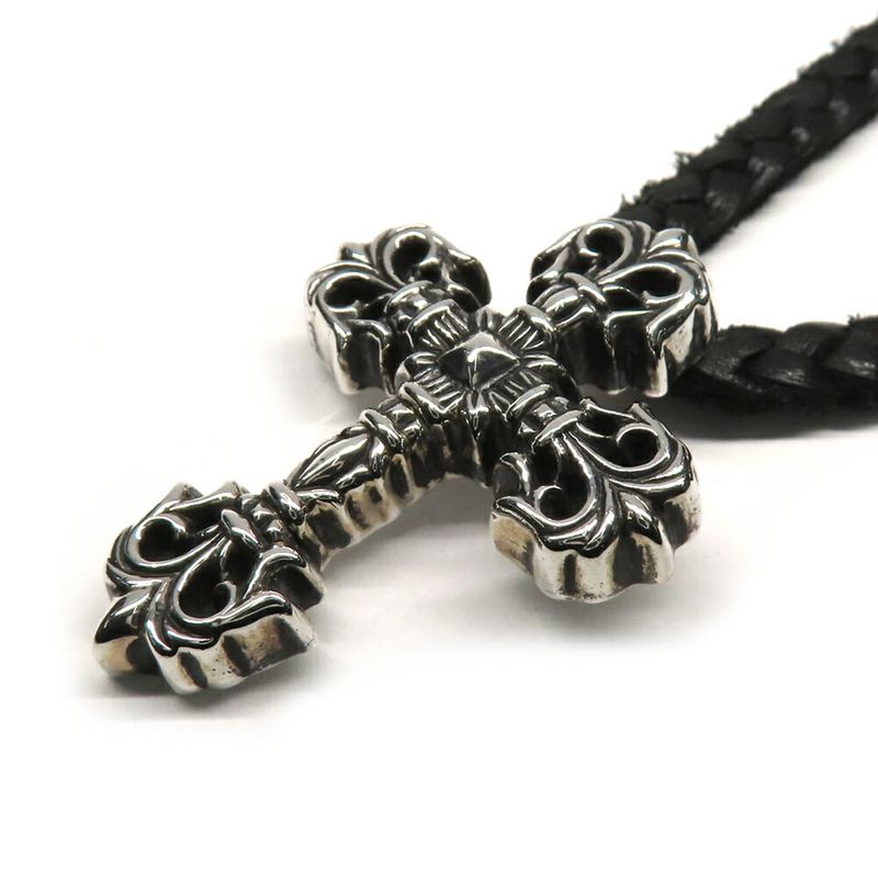 Chrome Hearts Necklace Filigree Cross XS Leather Braid 925 Silver Invoice