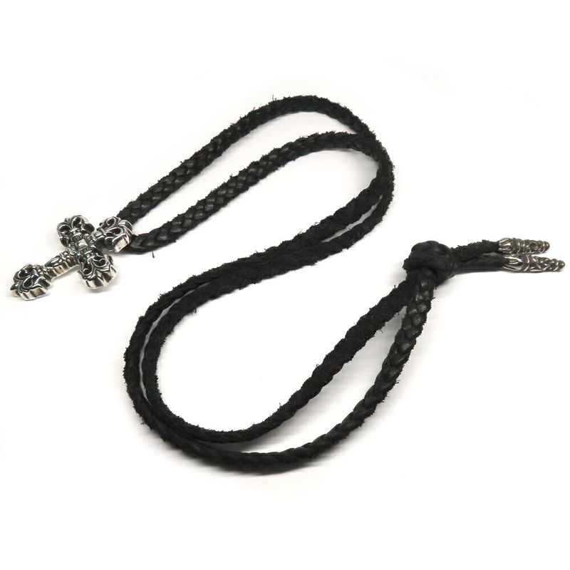 Chrome Hearts Necklace Filigree Cross XS Leather Braid 925 Silver Invoice
