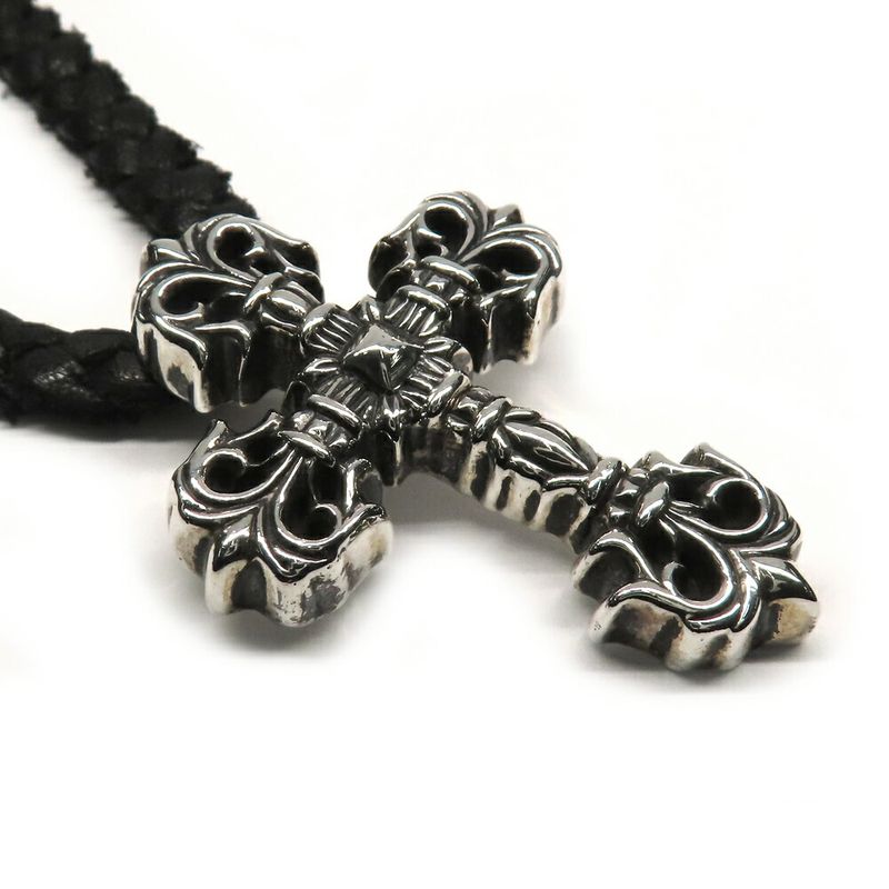 Chrome Hearts Necklace Filigree Cross XS Leather Braid 925 Silver Invoice