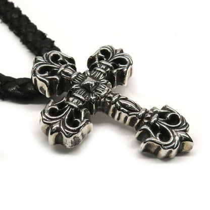 Chrome Hearts Necklace Filigree Cross XS Leather Braid 925 Silver Invoice