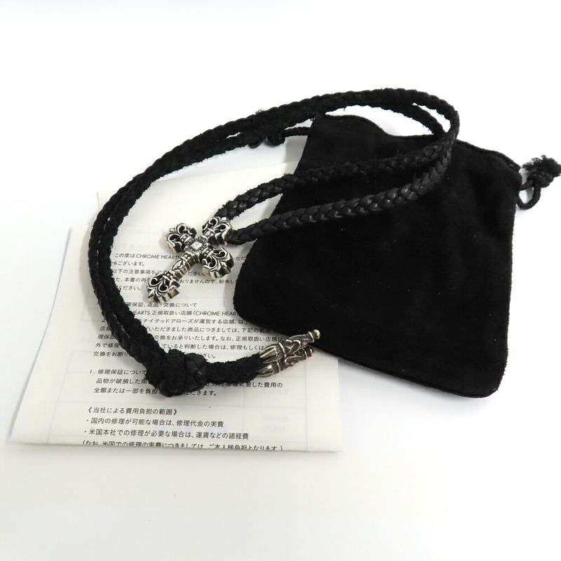 Chrome Hearts Necklace Filigree Cross XS Leather Braid 925 Silver Invoice