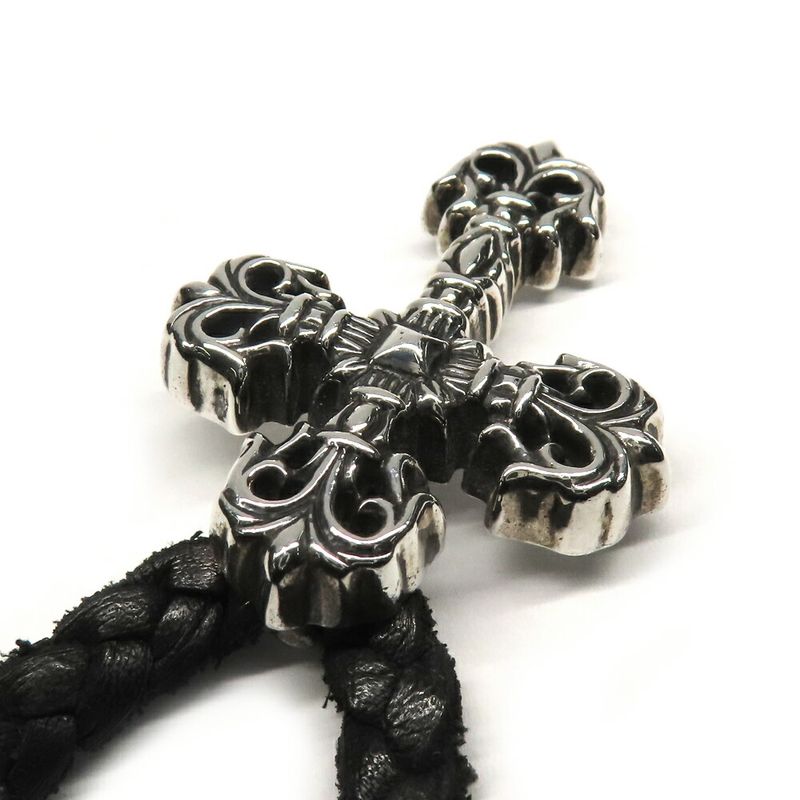 Chrome Hearts Necklace Filigree Cross XS Leather Braid 925 Silver Invoice