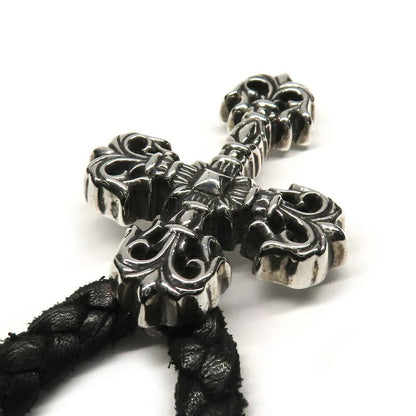 Chrome Hearts Necklace Filigree Cross XS Leather Braid 925 Silver Invoice