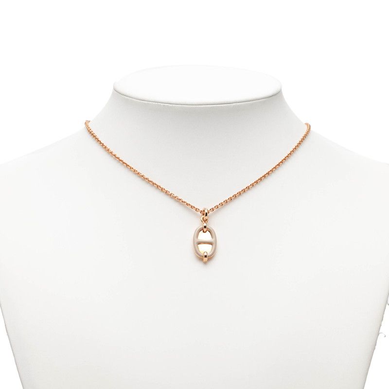 Hermes Mini Maillon PM Necklace Pink Gold Beige Plated Enamel