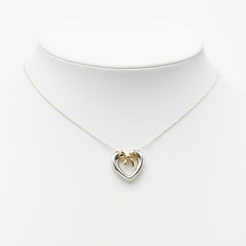 Tiffany & Co Heart Ribbon Chain Pendant Necklace Silver 18k Yellow Gold