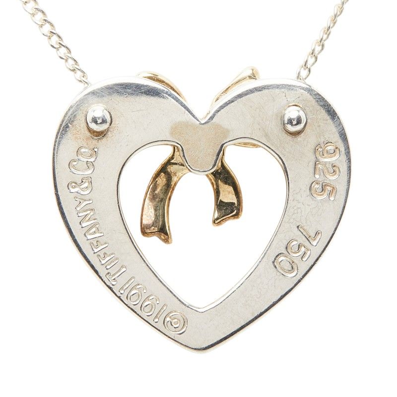 Tiffany & Co Heart Ribbon Chain Pendant Necklace Silver 18k Yellow Gold