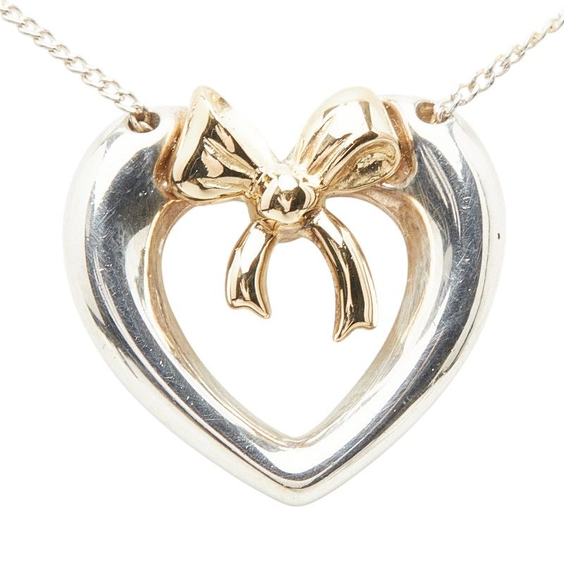 Tiffany & Co Heart Ribbon Chain Pendant Necklace Silver 18k Yellow Gold