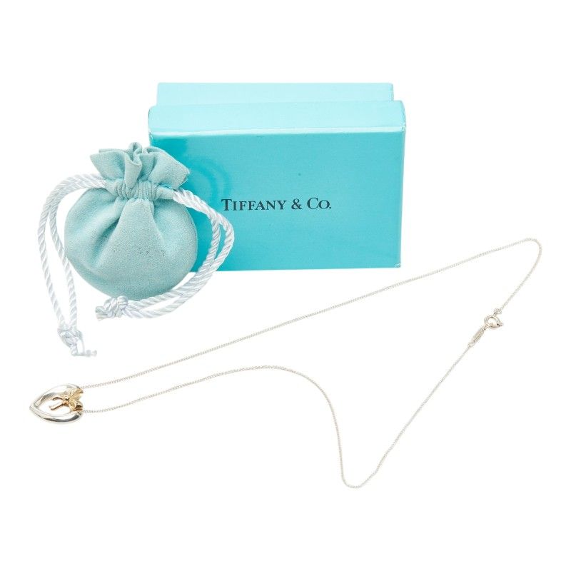 Tiffany & Co Heart Ribbon Chain Pendant Necklace Silver 18k Yellow Gold