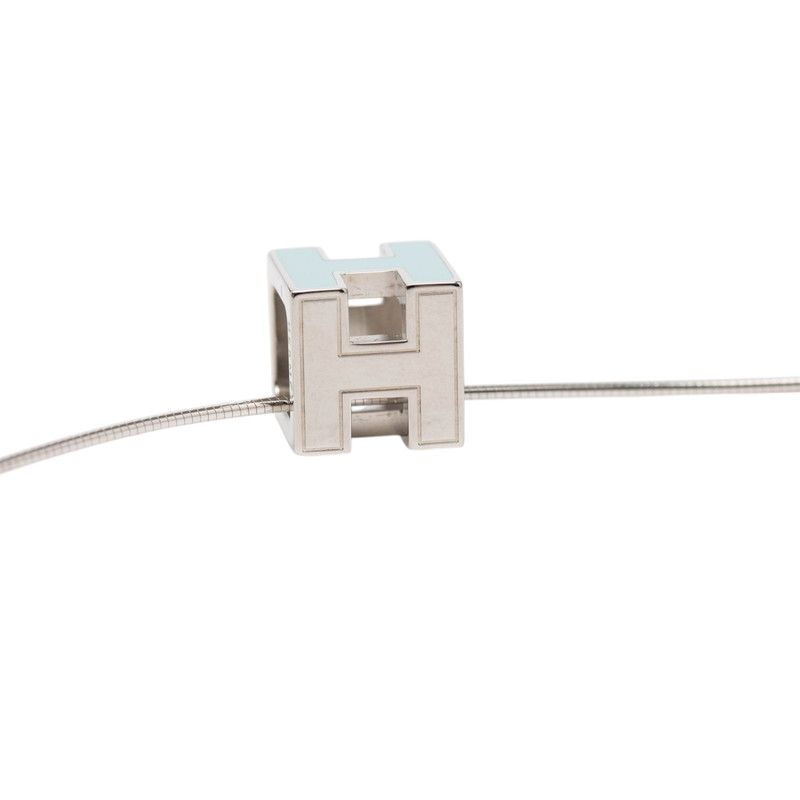 Hermes Cage de Ash Cube Necklace Silver Light Blue Metal