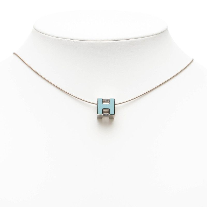 Hermes Cage de Ash Cube Necklace Silver Light Blue Metal