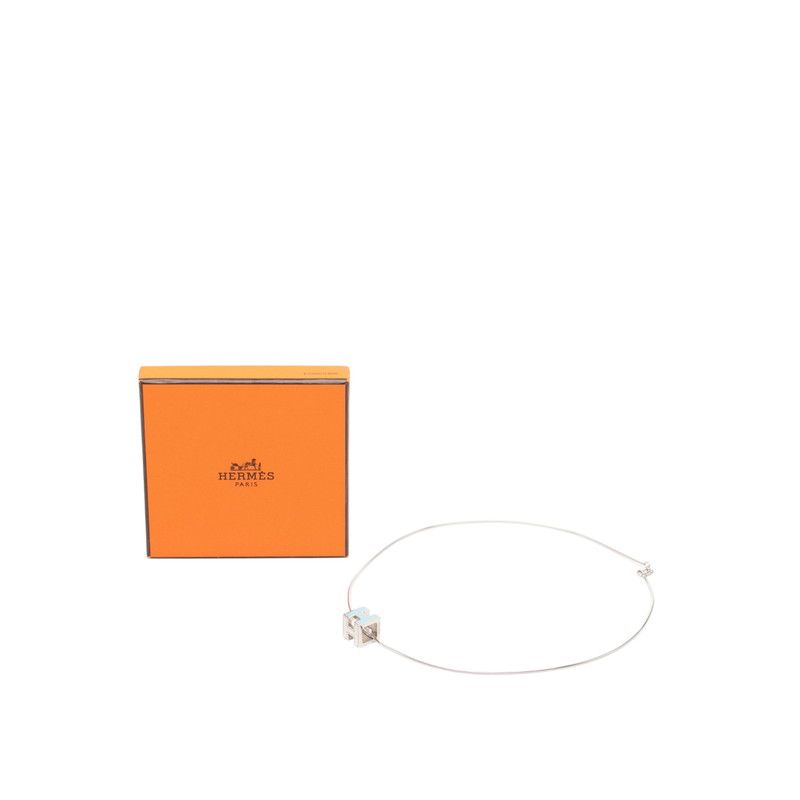 Hermes Cage de Ash Cube Necklace Silver Light Blue Metal