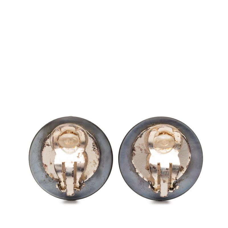 Chanel CC Logo Vintage Round Earrings Black Metal Line Stone Shell