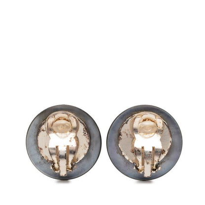 Chanel CC Logo Vintage Round Earrings Black Metal Line Stone Shell
