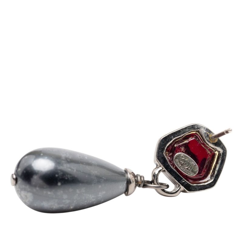 Chanel CC Logo Teardrop Water Drop Earrings Black Line Stone Metal Faux Pearl