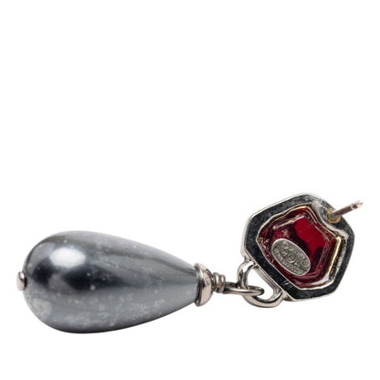 Chanel CC Logo Teardrop Water Drop Earrings Black Line Stone Metal Faux Pearl