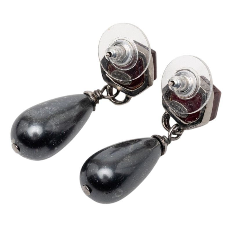 Chanel CC Logo Teardrop Water Drop Earrings Black Line Stone Metal Faux Pearl