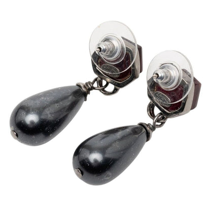 Chanel CC Logo Teardrop Water Drop Earrings Black Line Stone Metal Faux Pearl