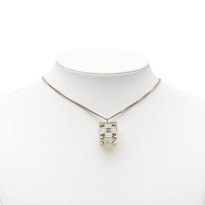 Chanel CC Logo Square Cube Pendant Necklace Clear Black Silver Metal Plastic