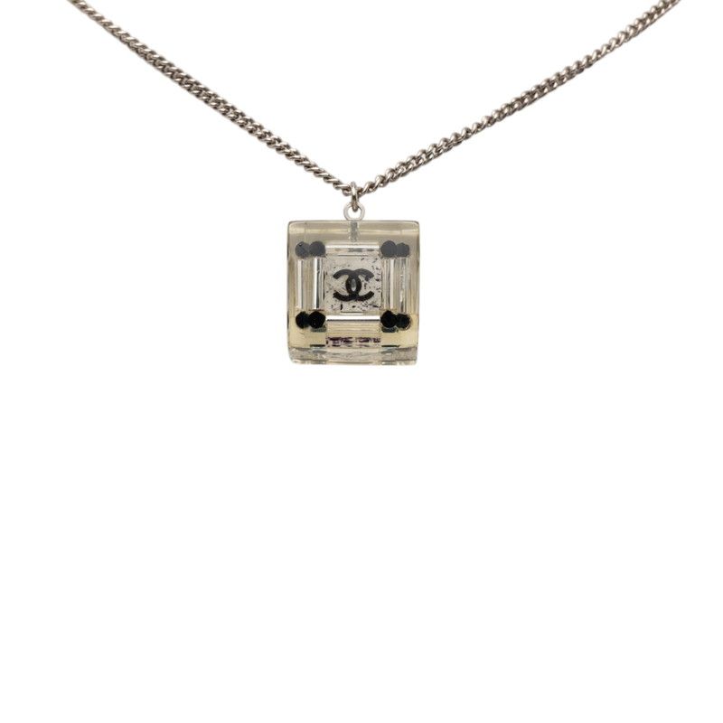 Chanel CC Logo Square Cube Pendant Necklace Clear Black Silver Metal Plastic