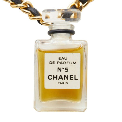 Chanel Perfume Bottle Chain Pendant Necklace Gold Black Plated Leather Glass