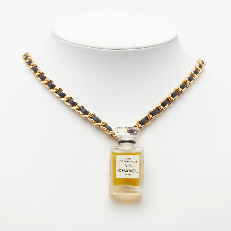 Chanel Perfume Bottle Chain Pendant Necklace Gold Black Plated Leather Glass