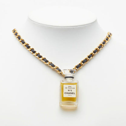 Chanel Perfume Bottle Chain Pendant Necklace Gold Black Plated Leather Glass