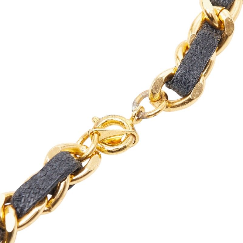 Chanel Perfume Bottle Chain Pendant Necklace Gold Black Plated Leather Glass