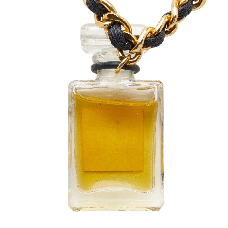 Chanel Perfume Bottle Chain Pendant Necklace Gold Black Plated Leather Glass