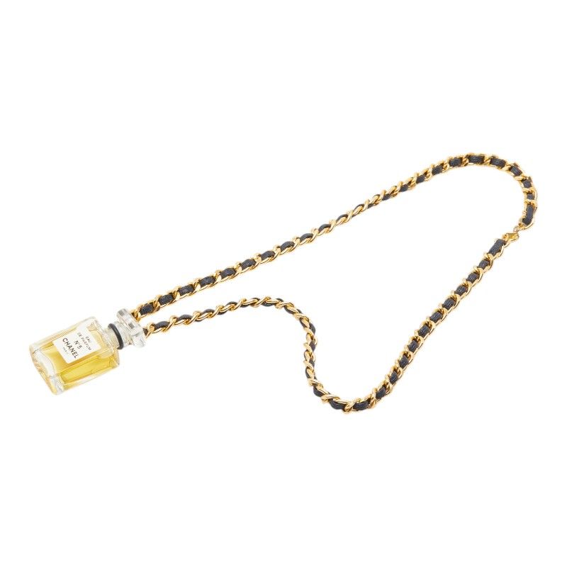 Chanel Perfume Bottle Chain Pendant Necklace Gold Black Plated Leather Glass
