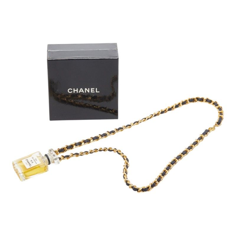 Chanel Perfume Bottle Chain Pendant Necklace Gold Black Plated Leather Glass