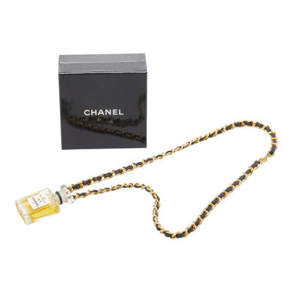 Chanel Perfume Bottle Chain Pendant Necklace Gold Black Plated Leather Glass