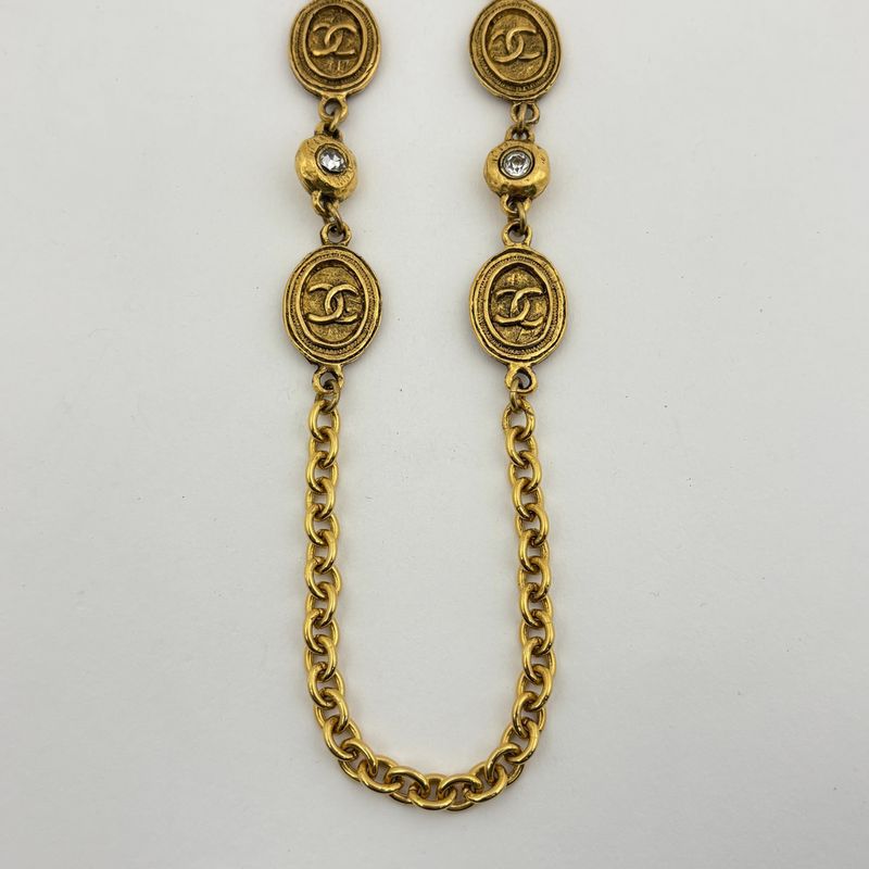 Chanel CC Logo Line Stone Necklace Long Gold Plated