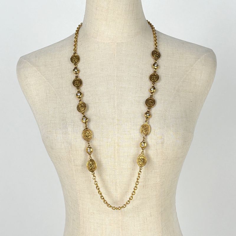 Chanel CC Logo Line Stone Necklace Long Gold Plated