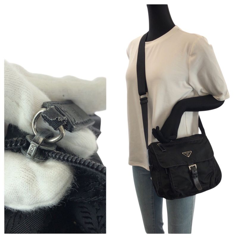 Prada Tessuto Black Silver Nylon Leather Shoulder Bag