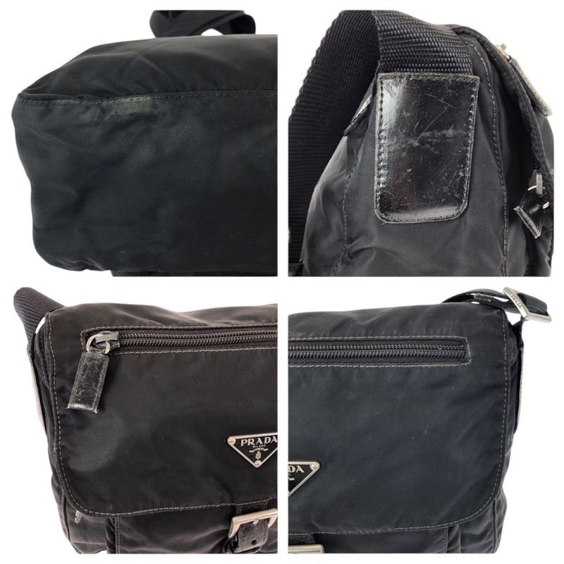 Prada Tessuto Black Silver Nylon Leather Shoulder Bag